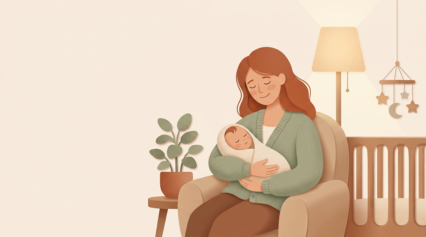 A mother cradling her sleeping newborn in a calm night nursery
