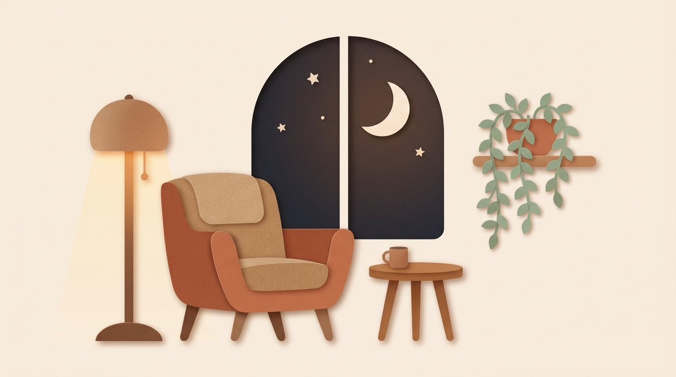 A calm night nursery with a crescent moon in the window